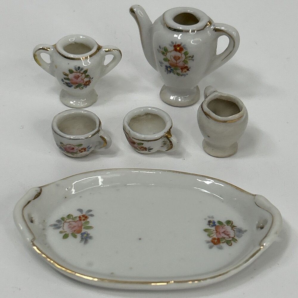 Vtg Miniature Occupied Japan Tea Set Rose Floral Mini Cups Teapot Tray Porcelain